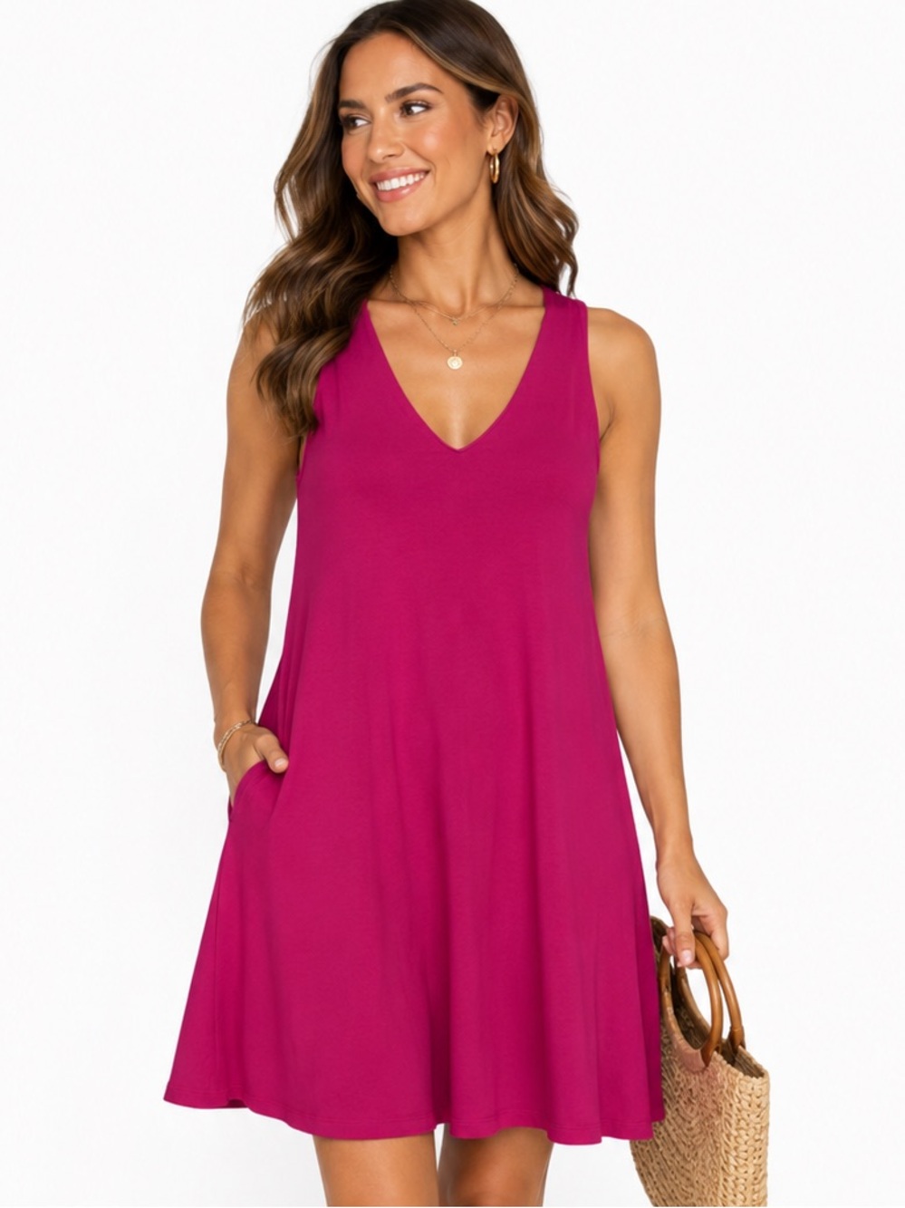 Cupio Pink Sleeveless Midi Dress Large V Neck Stretch Knit